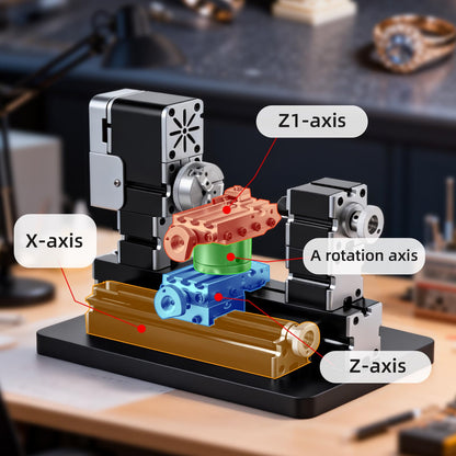 AcmeFlare 4-Axis All-Metal Micro Lathe, High-Power 60W Mini Lathe for Metalworking (Gold, Silver, Aluminum, Copper), Wood & Plastic, with Safety Guard & Quick Indexer