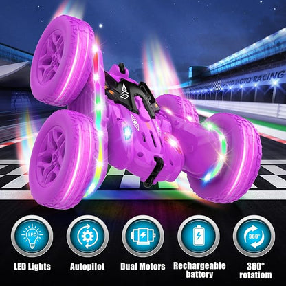 Remote Control Cars for Girls 2.4GHz RC Stunt Car with 360° Flips &amp Double Sided Driving LED Strip Lights and Headlights Changeable Wheels Birthday Gift for 5-12 Year Old Girls (Purple)