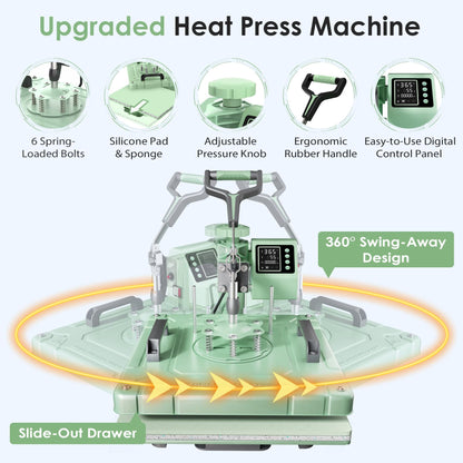 Seeutek Heat Press Machine 15x15 Inch, 5 in 1 Swing Away Sublimation Heat Transfer Press with 20oz & 30oz Tumbler Attachments for T-Shirts, Mugs, Hats & Plates, Green