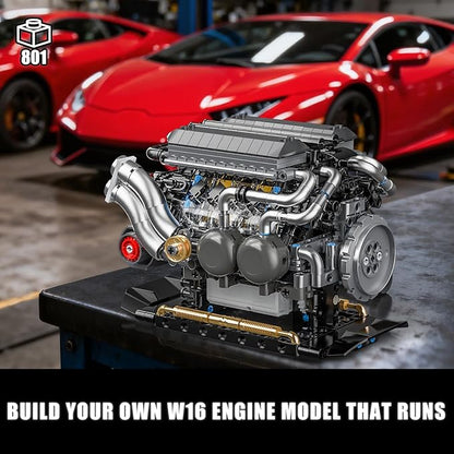 W16 Engine Building Blocks Set for Adults STEM Mini 16-Cylinder Engine Model Kit That Runs Compatible with Lego Car DIY Physical Science Experiment Toy for Teens Boys 8-14+ (801 PCS)