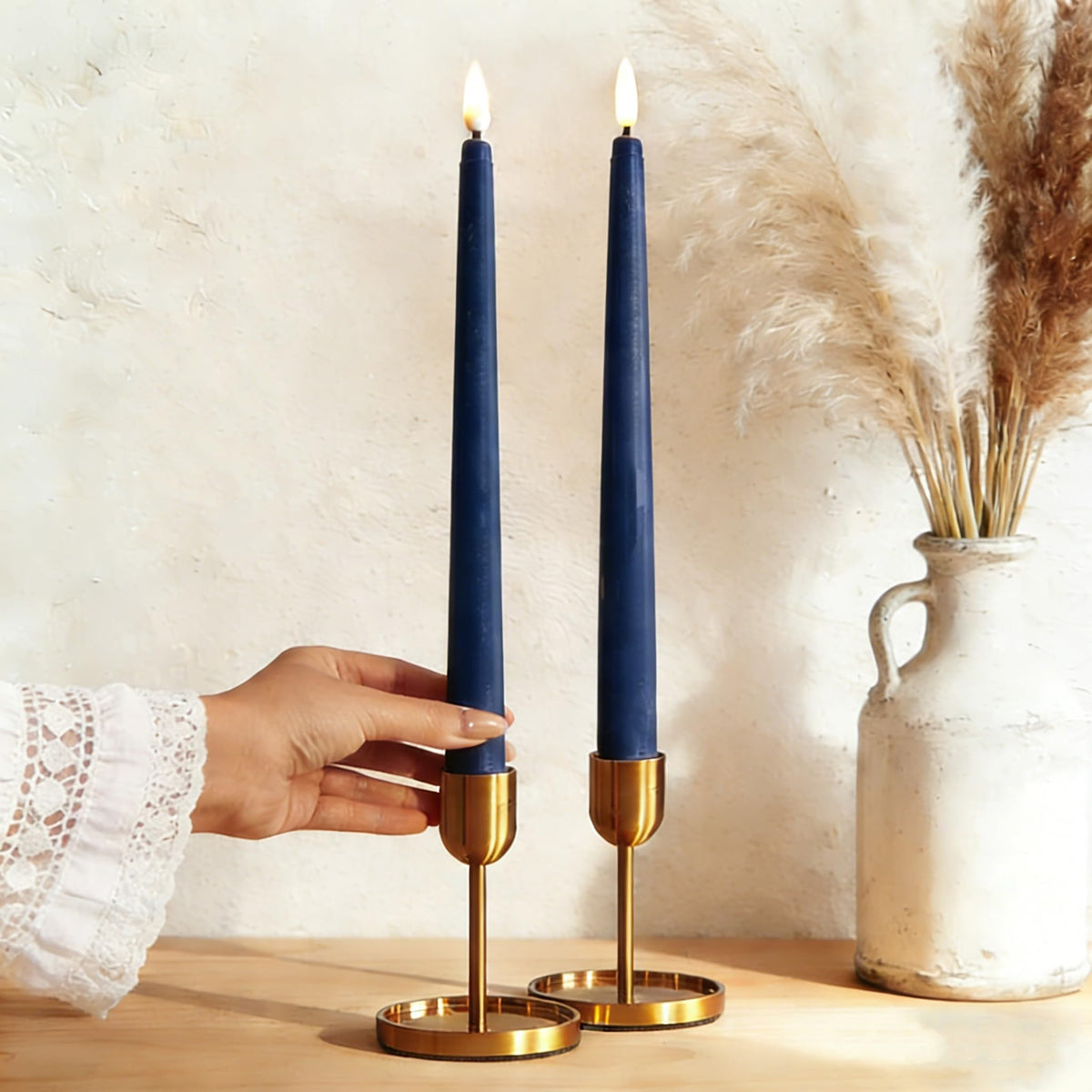 Ni-JASW Navy Blue Flameless Taper Candles with Remote Timer, Flickering Battery Operated LED Candlesticks Home Decor Set of 12