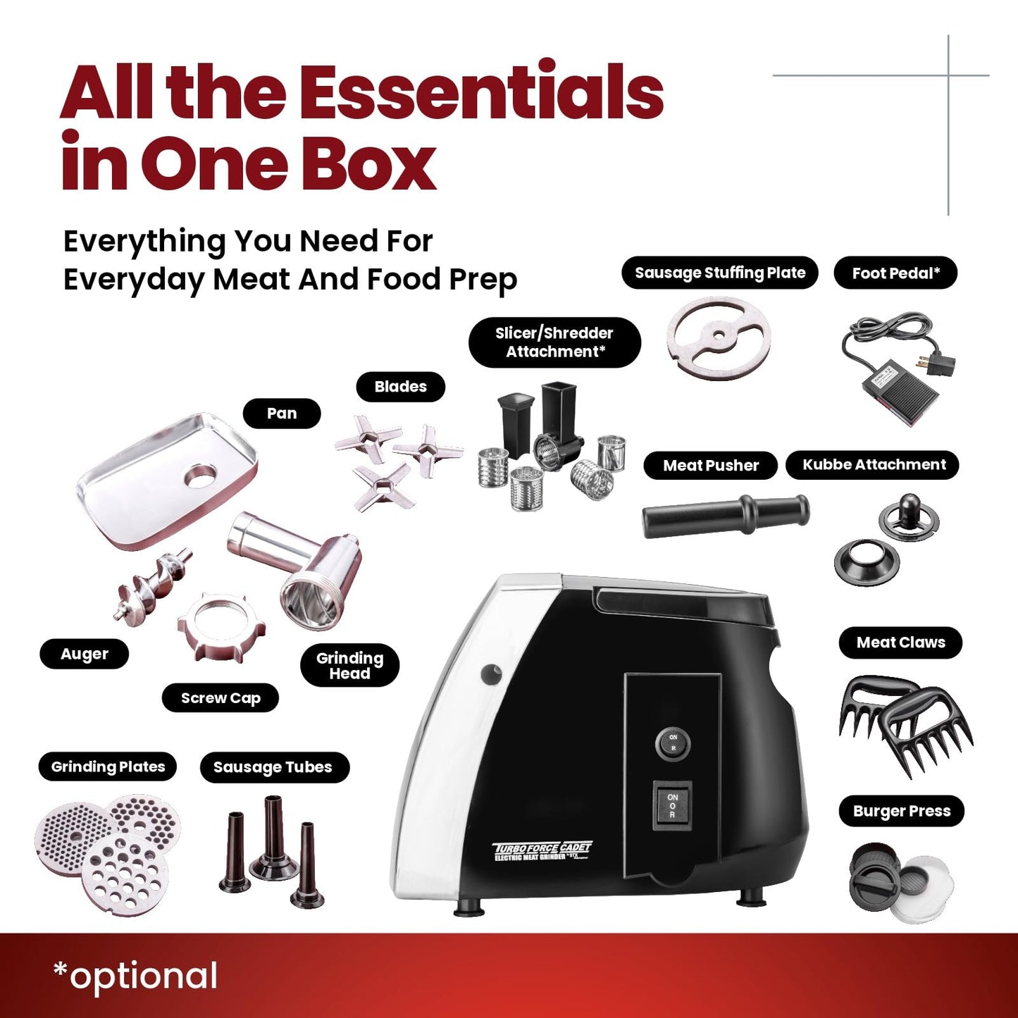 STX International Turboforce Cadet 2000 Series Electric Meat Grinder | 7-in-1 Multifunctional | Foot Pedal | Slicer/Shredder/Grater | Sausage Stuffer | Kubbe Maker | 4 Grinding Plates & More Included