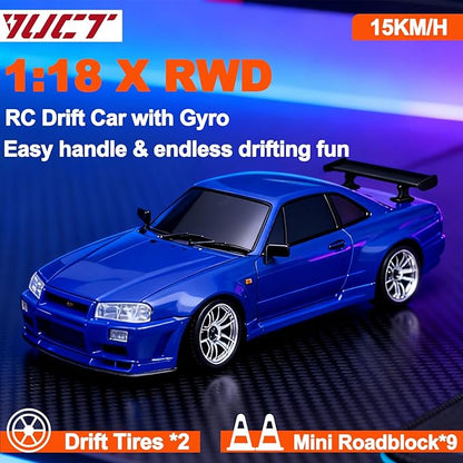 YUCT LD1899 Drift RC Car 2.4GHz RWD Drifting with Gyro 1/18 Full Proportional Control Alloy Shell(Blue with Metal Drift Tires)