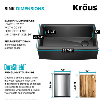 KRAUS Kore Workstation 33-inch Farmhouse Apron Front 16 Gauge Black Stainless Steel Single Bowl Kitchen Sink in PVD Gunmetal Finish with Accessories, KWF210-33/PGM