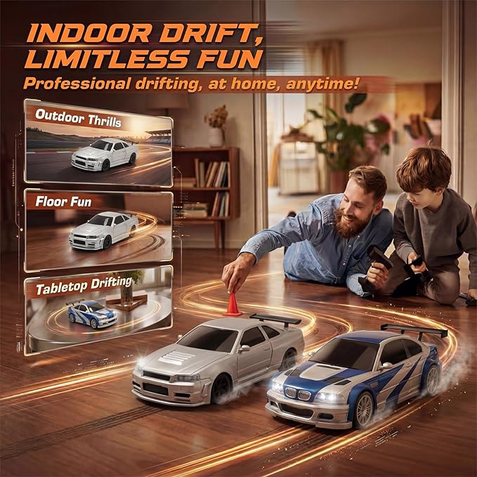 [2026 New Upgrade 1/43 Scale Mini RC Drift Car with Gyroscope Toys for Age 8-14 Old Birthday Gifts Micro Small with Full Proportional RTR 2.4GHz Remote 2 Tire Sets 8 Cones - Blue