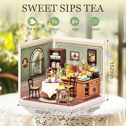 ROBOTIME Miniature House Kit DIY Plastic House Building Toy Set with LED Tiny Store Making Kit Model Craft Hobby Unique Gift (Sweet Sips Tea)