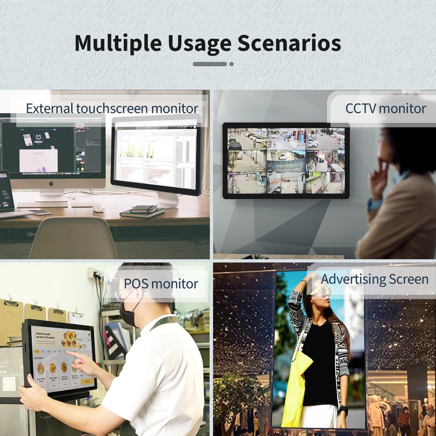 TouchWo 15.6 inch Capacitive Multi-Touch Screen Industrial Monitor, 16:9 Display 1920 x 1080P, Built-in Speakers, VGA & HD-MI Monitor for PC, POS, Small Business, Restaurant
