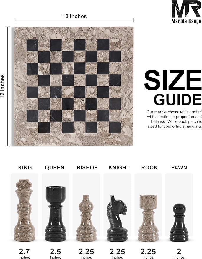 Marble Chess Set for Adults 12 Handmade Oceanic &amp Black Board Game with 32 Chess Pieces 2 Extra Queens &amp Storage Box Luxury Travel Game Elegant for Home Decor