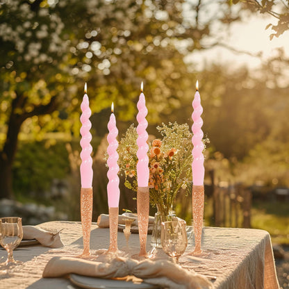 MAITREYA Pink Spiral Taper Candles - Handmade Twisted Conical Candles, Set of 4 for Decoration, Weddings, Parties, Church - Unscented, Dripless, 7.5 inch (Baby Pink)