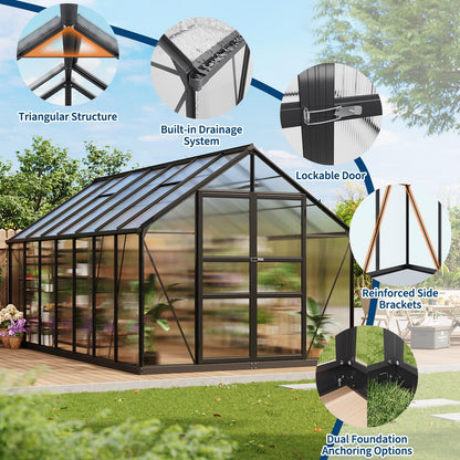 8×14 FT Outdoor Aluminum Polycarbonate Greenhouse, Easy Assembly Walk-in Greenhouse with Roof Vent & Lockable Hinged Door, Large Heavy Duty Greenhouse for Patio, Backyard, Garden, Sunroom, Black