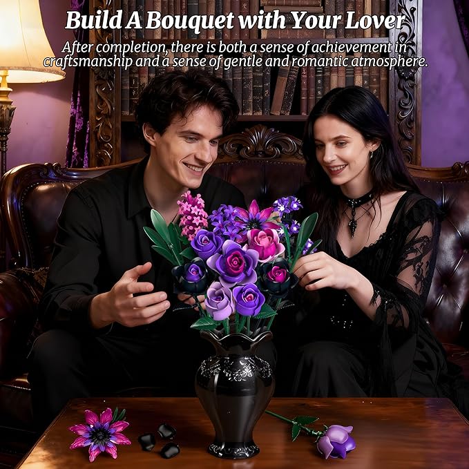 Purple Rose Bouquet Building Set: Compatible with Lego Flowers for Adults Women Gothic Artificial Botanical Collection Halloween Christmas Valentine's Gifts Home Decor