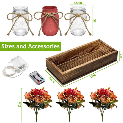 HOMECOR Mason Jar Light Centerpiece Table Decor for Dining Room - Farmhouse Centerpiece Table Decorations with Wood Tray and Remote Control LED Lights for Coffee Table Decor Living Room Wedding