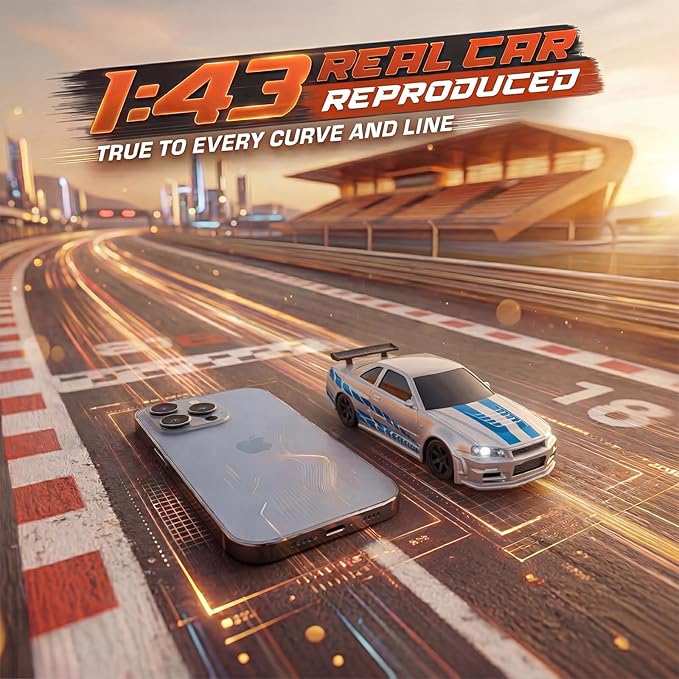 [2026 New Upgrade 1/43 Scale Mini RC Drift Car with Gyroscope Toys for Age 8-14 Old Birthday Gifts Micro Small with Full Proportional RTR 2.4GHz Remote 2 Tire Sets 8 Cones - Silver Blue