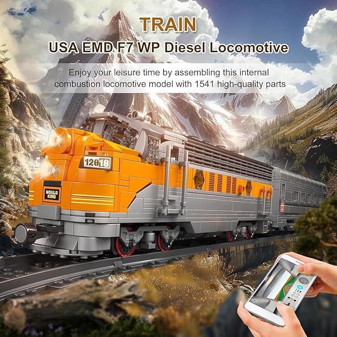 Mould King 12018 Train Building Block Kits MOC EMD F7 Internal Combustion Locomotive Model Building Blocks Set Gift for Age 14+/Adult (1541 Pieces with Rail/Motor APP Remote Control)