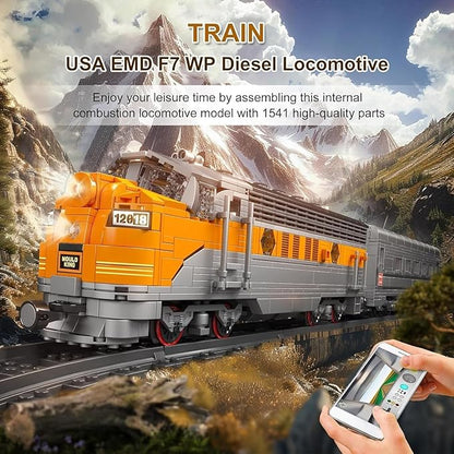 Mould King 12018 Train Building Block Kits MOC EMD F7 Internal Combustion Locomotive Model Building Blocks Set Gift for Age 14+/Adult (1541 Pieces with Rail/Motor APP Remote Control)