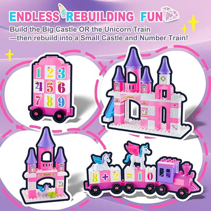 Classic Building Blocks for Toddlers - Compatible with Major Brands Unicorn Theme Princess Castle &amp Number Trains Classic Bricks Creative Educational Buildable Kits for Girls Boys Ages 3 4 5