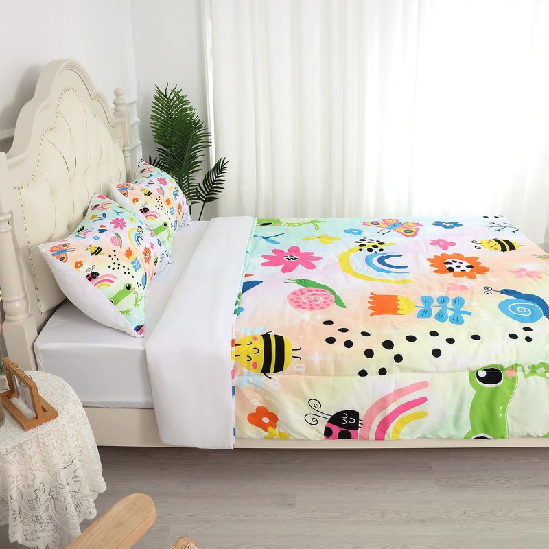 FUYEUN Rainbow Comforter Set Queen Size Cartoon Frogs Bedding Sets for Girls Kids Women Boys Flowers Butterfly Bees Snails Insects Cute Kawaii Quilt 1 Comforter + 2 Pillow Cases