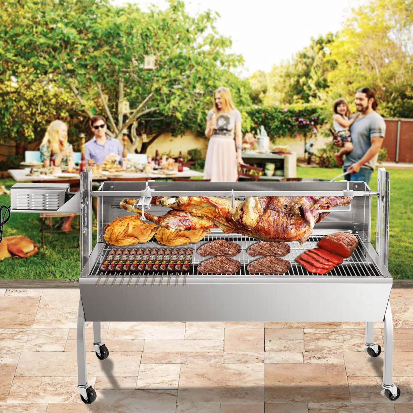 Rotisserie Grill Stainless Steel Charcoal Spit Roaster, 50" Pig Lamb Hooded Roaster Charcoal Spit with 30W Motor & Adjustable Height Lockable Casters for Outdoor Camping Party, Rated 150 LB