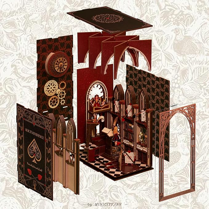 Book Nook Kit - DIY Miniature Dollhouse Kit for Adults and Teens Tiny House Booknook Bookshelf Decor 3D Wooden Puzzle Gifts for Family Friends (Alice Evidence)