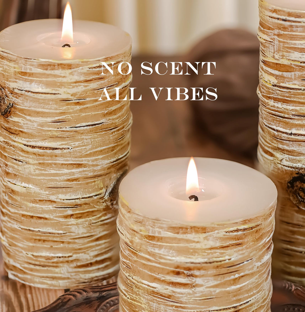 Birch Bark Texture Pillar Candles Set - Real Wax 3 Sizes (4", 5", 6" Tall) Rustic Decor Fireplace Candles, Unscented Woodland Style Pillar Candle for Modern Farmhouse, Dining Table, Holiday Decor