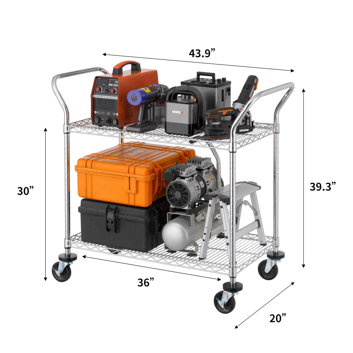 Finnhomy 2-Tier Commercial Grade Rolling Cart, Heavy Duty Utility Cart, Carts with Wheels and Handles, Kitchen Cart on Wheels, Metal Serving Cart with 500 lbs Capacity, Shelf Size 20" D x 36" W, NSF