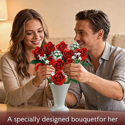 Red Rose Flowers Bouquet Building Set - Valentine's Day Gift Compatible with Lego Flowers for Adults Women Collection Christmas Mother's Day Valentine's Gifts Home Decor