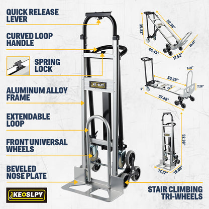 Osluken 3 in 1 Heavy Duty Convertible Hand Truck Dolly, 1000LB Capacity Stair Climbing Aluminum Collapsible Utility Cart with Wheels, 3 Positions for Moving & Transport