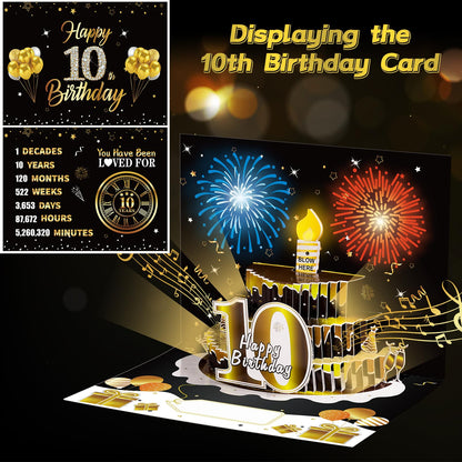 Turypaty 10th Birthday Cards Pop Up 3D Cake - Firework & Music & Blow Out Candle Light Funny Happy 10 Black Gold Birthday Card Gifts Party Decor for Kids, Boys, Girls, Son, Daughter, Grandson