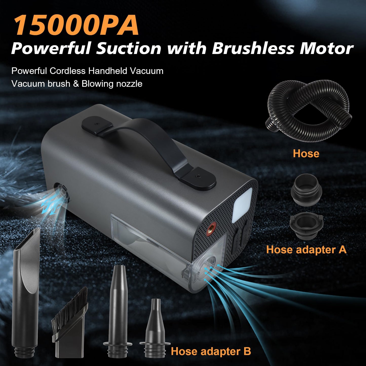 Tire Inflator Portable Air Compressor,2000A Battery Car Jump Starter, Auto Shut-Off,160PSI Air Pump with Tire Gauge Pressure&LED Light,15000PA Vacuum with Suction &Blow, for Cars, Motorcycles, Balls