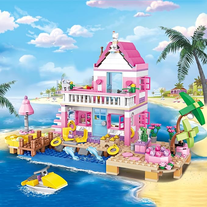 Pink Girls Seaside Beach Villa Friends Building Set Compatible with Lego Friends Construction Educational Toy for Adult Age 14 Up 822 PCS