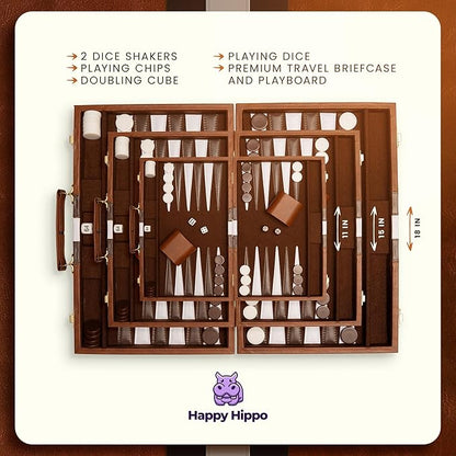 Backgammon Board Game Deluxe Leather Like Case Felt Interior Brown Classic Backgammon Game Popular Board Game Board Games (Small (11))