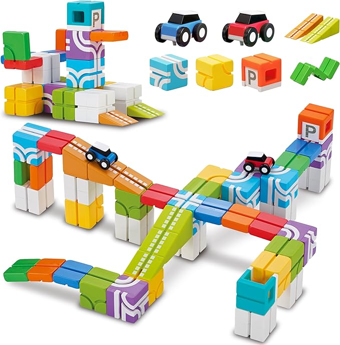 QBI Magnetic Building Blocks Car Track Set 46PCS STEM Learning Toys for Kids Ages 4-8 Sensory Magnetic Blocks with 2 Push-and-go Cars | Educational Montessori Magnet Cubes for Boys &amp Girls