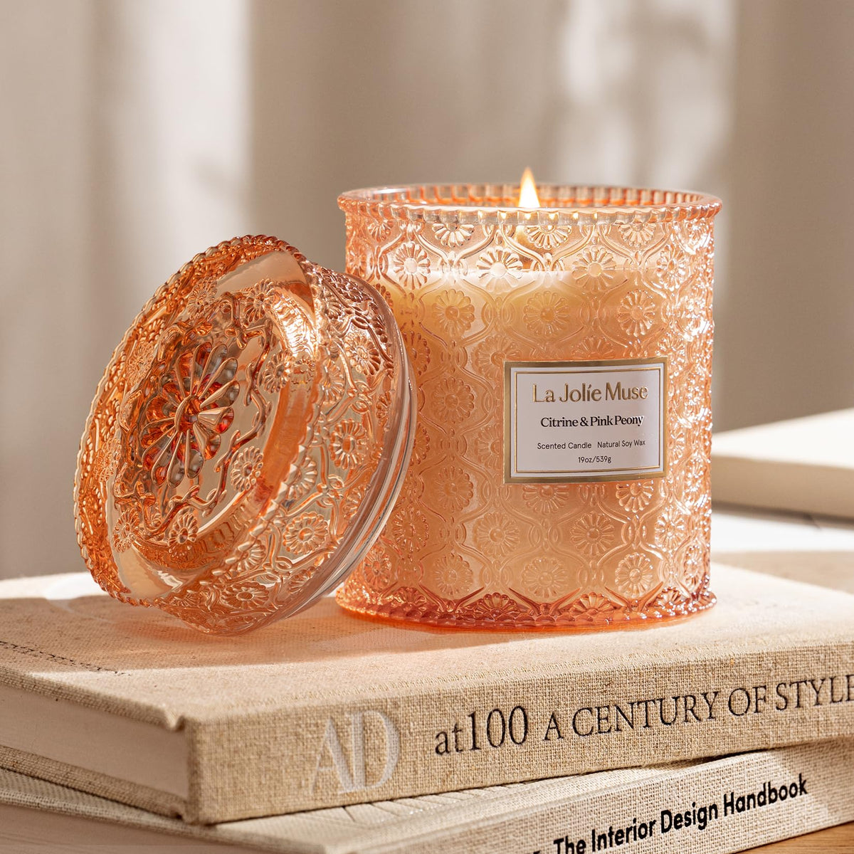 LA JOLIE MUSE Citrine & Pink Peony Scented Candle | Bergamot, Peony & Amber | 19 oz Large Wooden Wick | Natural Soy Wax | 90-Hour Clean Burn | Gift-Ready for Hosts & Gatherings