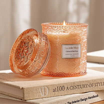 LA JOLIE MUSE Citrine & Pink Peony Scented Candle | Bergamot, Peony & Amber | 19 oz Large Wooden Wick | Natural Soy Wax | 90-Hour Clean Burn | Gift-Ready for Hosts & Gatherings