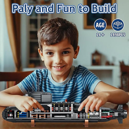 Nuclear Submarine Building Block Toy Set – WW2 Military Battleship Model with Lights Ideal Gift for Boys Teens &amp Adults Great for Home or Office Decor - 1498 PCS
