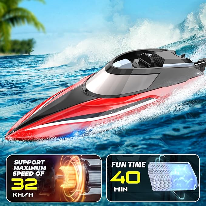 BEZGAR RC Boat 14 inch Remote Control Boat - Self-righting 40 Min Dual-Battery 32 KPH Fast RC Boats for Kids &amp Adults with LED Lights for Pool Lake Ocean Waterproof &amp Suitcase - Red