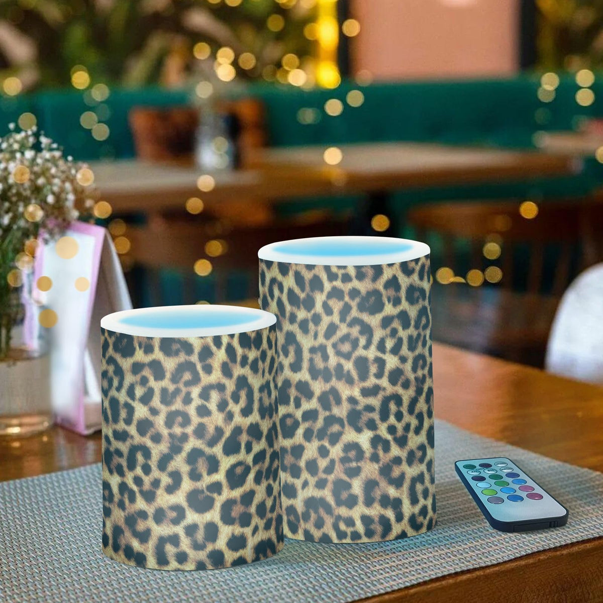 BOENLE Flickering Flameless Candles, Leopard Texture LED Candles with Remote Timer, Set of 2 Battery Operated Candle for Valentine Wedding Birthday