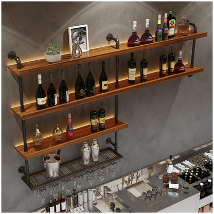 Solid Wood Wall Mounted Wine Rack, Large Wine Rack with LED Light, 4 Tiers Liquor Bottles Floating Shelves with Glass Holder, Industrial Bar Shelves for Home Bar Dining Room(78.7 in/ 200CM)