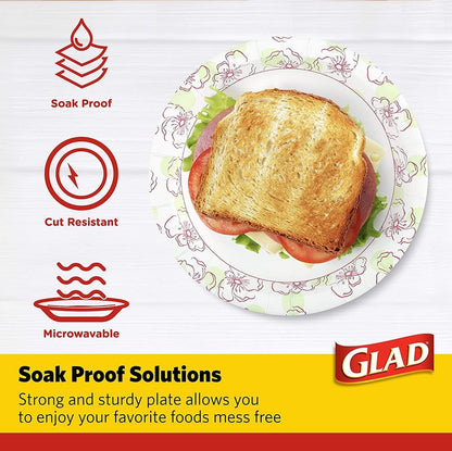 Glad Disposable Paper Plates, Pink Floral Pattern, 8.5 Inch Round, Soak Proof Coating, Microwave Safe, Cut Resistant, Sturdy for Dinner, Parties, and Everyday Meals, 50 Count - 12 Pack