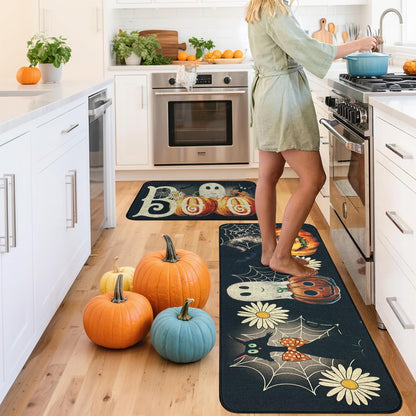 SHIYUE Halloween Kitchen Mat Set of 2, Ghost Pumpkin Boo Kitchen Rugs Farmhouse Modern, Non Skid Rubber Runner Decor Rugs（17x47in+17x30in） Black
