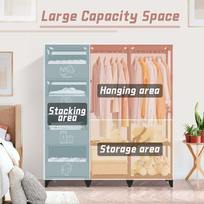 Jofuler Portable Closet, Easy Assembly, Large Capacity Wardrobe Closet, Sturdy and Stable Clothes Rack with Shelves 4 Storage Baskets and 2 Hanging Rods, for Bedroom and Cloakroom Black
