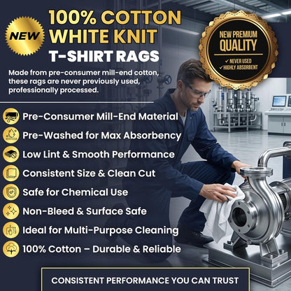 SupremePlus Premium New White Cotton Knit T-Shirt Rags (10 lbs. Box of Rags) - Lint-Free, Soft & Absorbent Cleaning Cloths for Auto, Paint, Garage, Staining & Polishing