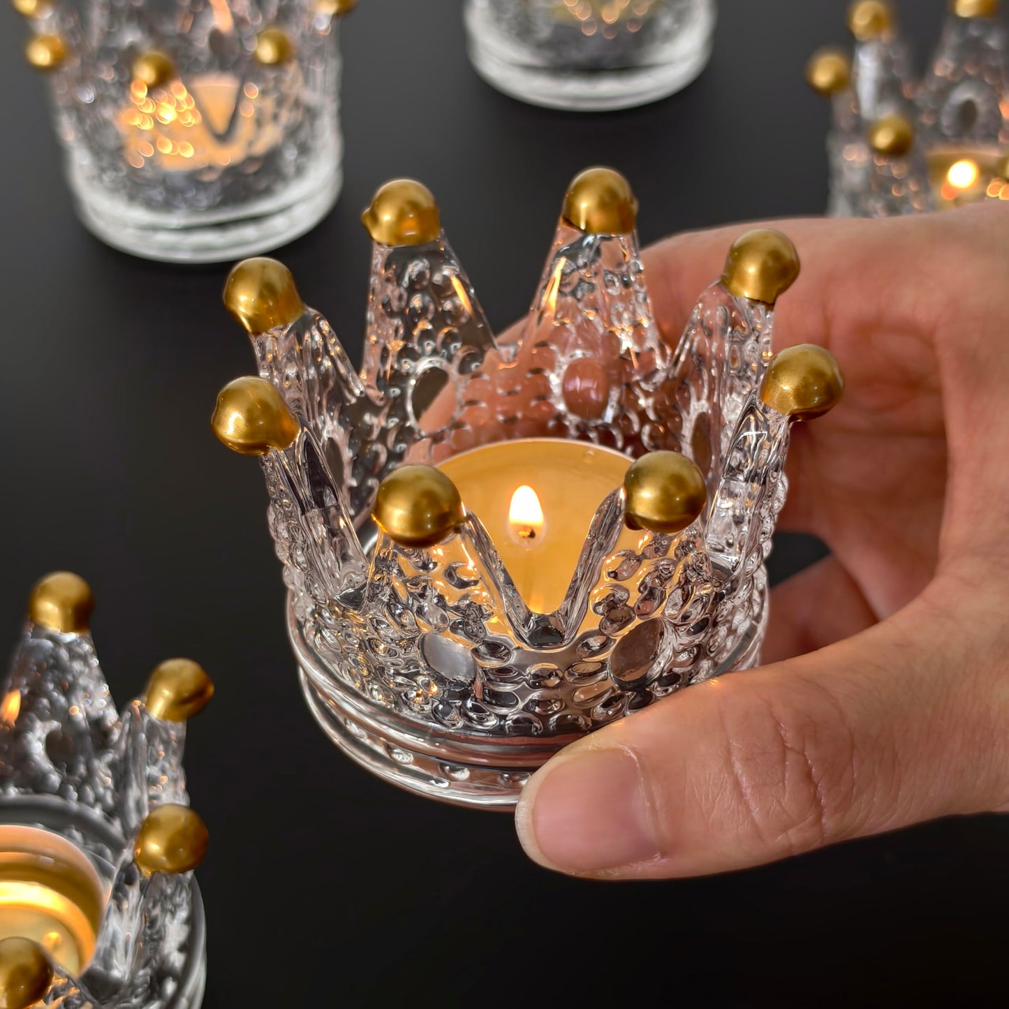 Vixdonos Crown Glass Tealight Candle Holder Set of 12 Votive Candle Holders for Wedding, Party and Home Decor (Gold Tips)