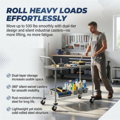 Finnhomy 2-Tier Commercial Grade Rolling Cart, Heavy Duty Utility Cart, Carts with Wheels and Handles, Kitchen Cart on Wheels, Metal Serving Cart with 500 lbs Capacity, Shelf Size 20" D x 36" W, NSF