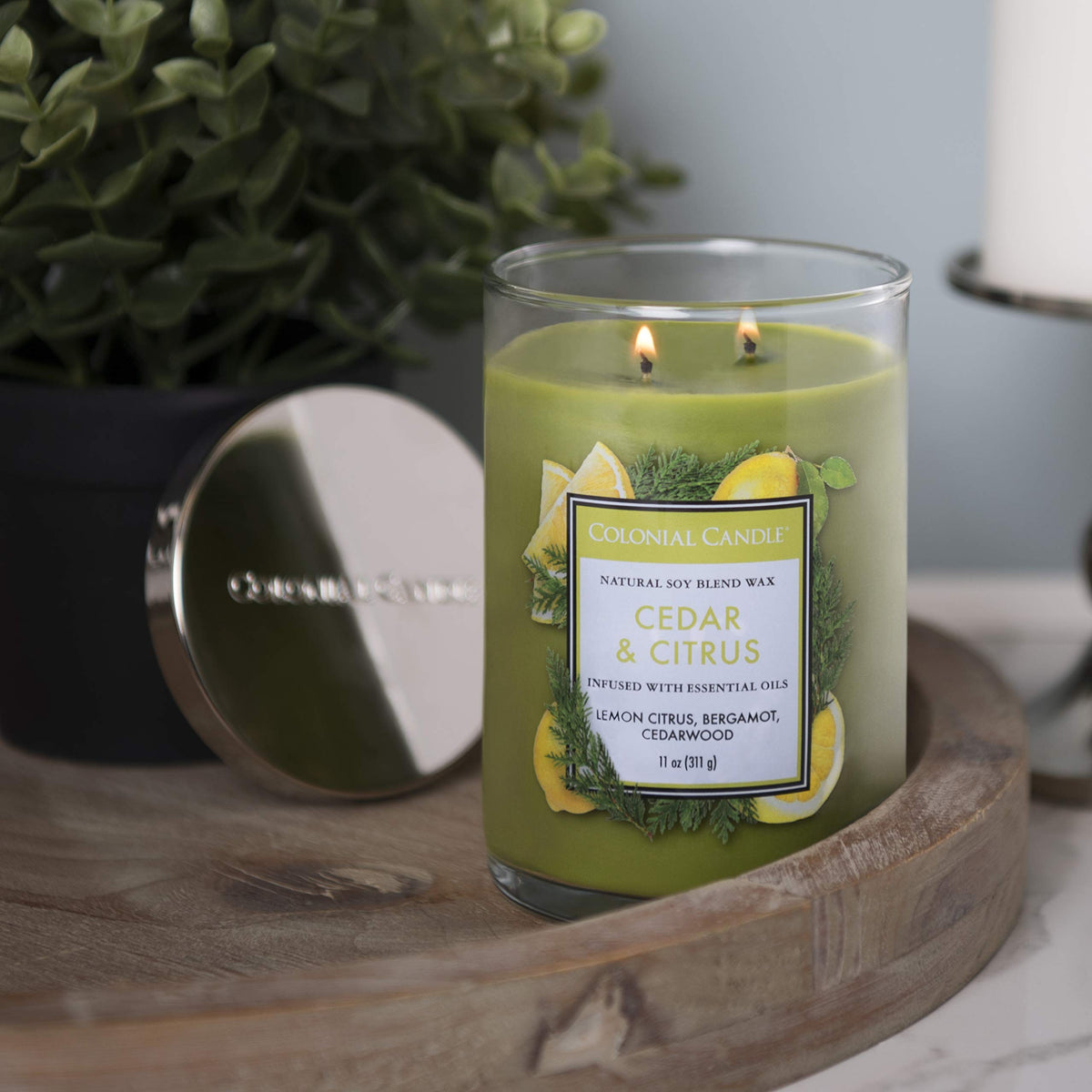 Colonial Candle Cedar & Citrus Scented Jar Candle, Classic Cylinders Collection, 2 Wick, Green, 11 oz - Up to 80 Hours Burn