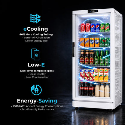 GRS Commercial Display Refrigerator with Glass Door Lock | Cool Air Flow & Temperature | Beverage fridge, Drink and Wine Cooler with Adjustable Display Shelf for Stores and Bars | Silver, 7.1 Cu. Ft
