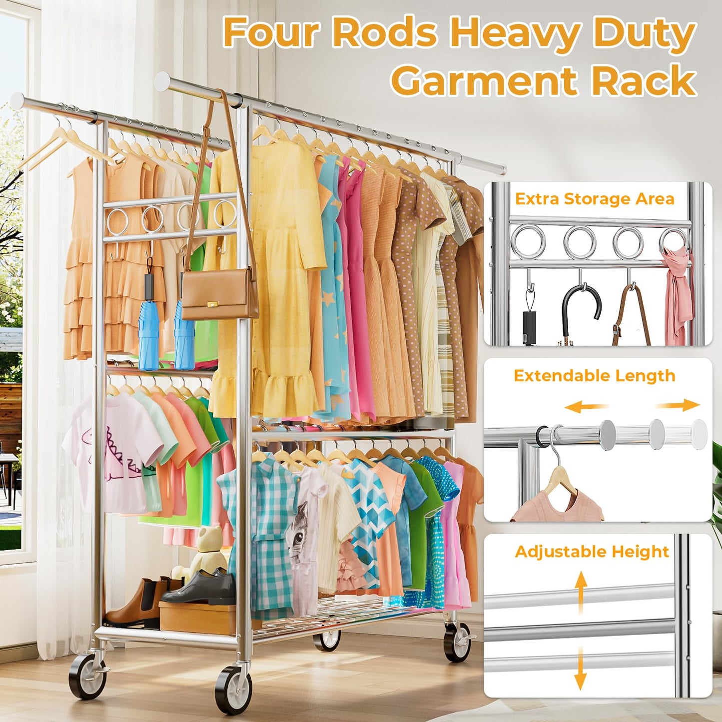 Heavy Duty Clothes Rack Load 1060LBS, Four Rods Rolling Clothing Racks for Hanging Clothes, Rolling Garment Rack With Sturdy Wheels Shelves Hooks, Portable & Adjustable Commercial Garment Rack, Silver