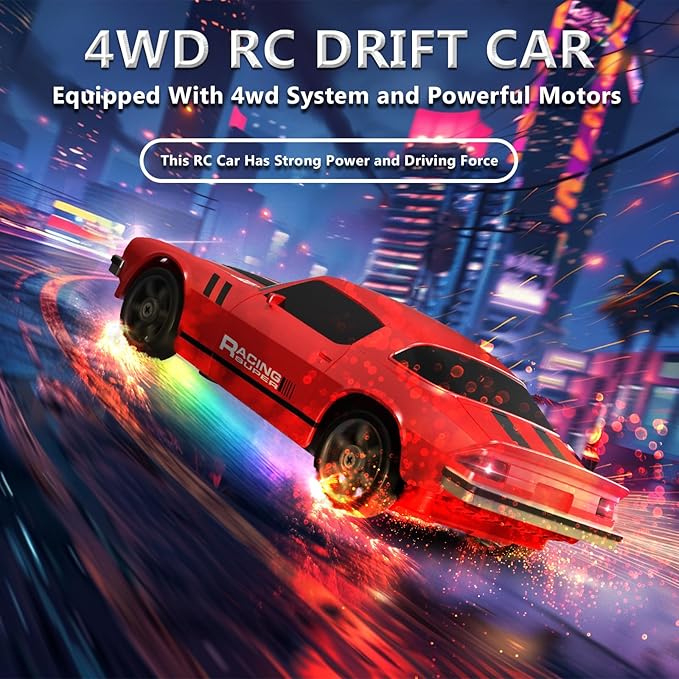 RC Drift Car 1:24 Remote Control Car 4WD 15KM/H High Speed Racing Sport Car with LED Lights RC Cars Toy for Kids Boys Girls Adults Gifts Birthday Christmas Rechargeable Batteries