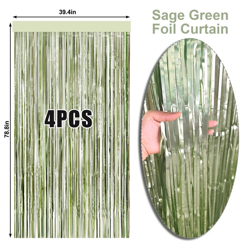 4 Packs Sage Green Foil Fringe Curtain, Light Green Glitter Metallic Tinsel Backdrop for Boho Birthday Wedding Bridal Baby Shower Engagement Martini Party Decorations Supplies