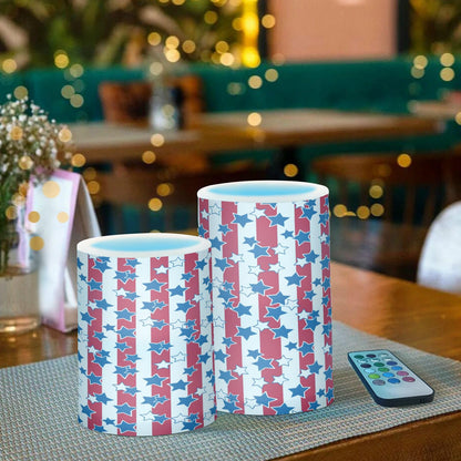 American Flag USA 4th July Red White Blue Star Stripe Flickering Flameless Candles Battery Operated Remote Timer,Tea Light Candles LED Pillar Votive Candles set of 2 for Outdoor Indoor Decoration